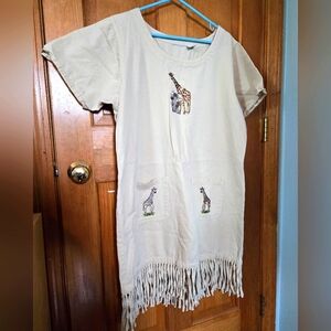 Vintage Safari dress, cotton, beige sz XL with tassels, giraffes, and elephants